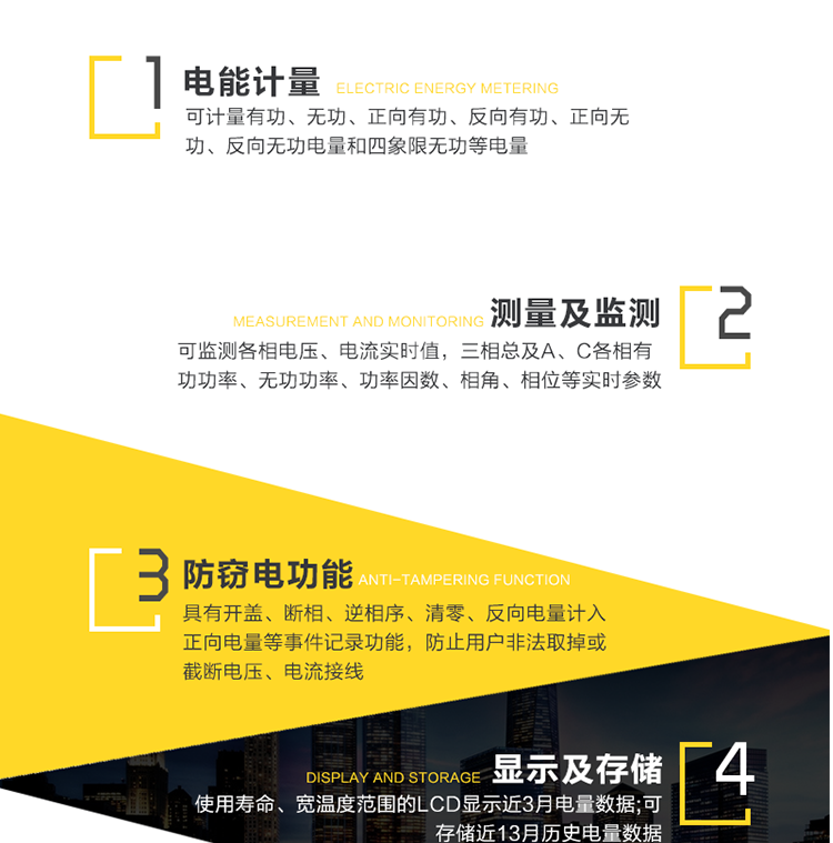 主要功能
　　1、電能計量功能
　　可計量有功、無(wú)功、正向有功、反向有功、正向無(wú)功、反向無(wú)功電量和四象限無(wú)功等電量。
　　2、參數測量監視功能
　　可監測各相電壓、電流實(shí)時(shí)值，三相總及A、C各相有功功率、無(wú)功功率、功率因數、相角、相位等實(shí)時(shí)參數。
　　3、防竊電功能
　　具有開(kāi)蓋、斷相、逆相序、清零、反向電量計入正向電量等事件記錄功能，防止用戶(hù)非法取掉或截斷電壓、電流接線(xiàn)。