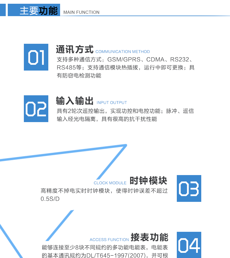 ⑦ 支持軟件本地，遠程下載，更新維護方便。
　　⑧ 能夠連接至少8塊不同規約的多功能電能表，電能表的基本通訊規約為DL/T645-1997(2007)，并可根據要求增加指定的規約。
　　⑨ 支持天線(xiàn)一體化，內置、外置方式可變。
　　⑩ 具備很強的自檢、自恢復功能。
　　⑩具有防竊電檢測功能。
　　采用PC合金阻燃材料，耐腐蝕、抗老化，具有足夠的硬度。壁掛式結構、體積輕巧、安裝方便。