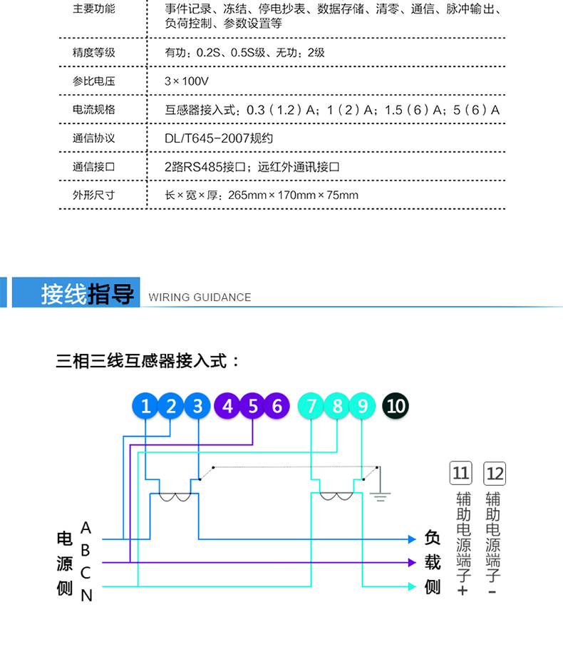 抄表方式
　　通過(guò)電表上的按鍵，可在液晶屏上查詢(xún)到電表每月的總電量、電壓、電流、功率、功率因數等數據。
　　通過(guò)手持紅外抄表機，可讀取電表的各項電量數據。
　　RS485通訊口抄表，配合抄表系統，可抄讀電表的各項電量數據。并支持DL/T645-2007多功能電能表通訊規約。