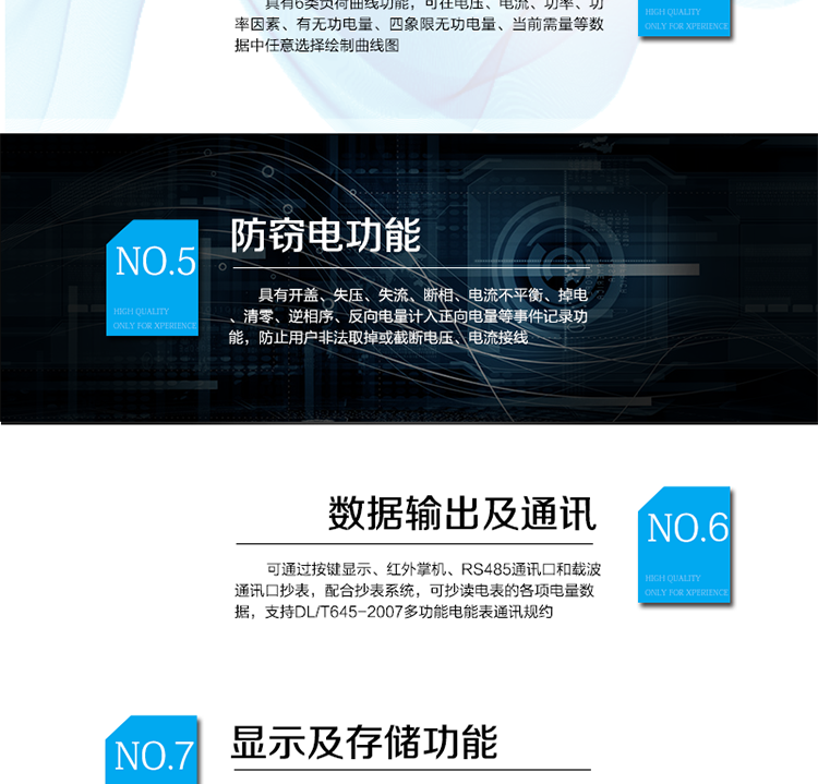 主要功能
　　電能計量功能
　　可分時(shí)計量有功、無(wú)功、正向有功、反向有功、正向無(wú)功、反向無(wú)功電量和四象限無(wú)功等電量。
　　最大需量測量功能
　　可測量雙向有功、雙向無(wú)功和四象限無(wú)功的最大需量及其發(fā)生時(shí)間。
　　參數測量監視功能
　　可監測各相電壓、電流實(shí)時(shí)值，三相總及A、B、C各相有功功率、無(wú)功功率、功率因數、相角、相位等實(shí)時(shí)參數。
　　分時(shí)復費率功能
　　具有尖、峰、平、谷分時(shí)段復費率功能，最大可設置8費率。
　　防竊電功能
　　具有開(kāi)蓋、失壓、失流、斷相、電流不平衡、掉電、清零、逆相序、反向電量計入正向電量等事件記錄功能，防止用戶(hù)非法取掉或截斷電壓、電流接線(xiàn)。