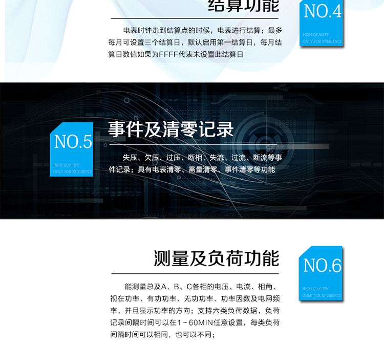 2.3需量計量
 能夠計量正、反向有功，正、反向視在，1、2、3、4象限無(wú)功，組合無(wú)功1、2的最大需量和發(fā)生時(shí)間。
 需量周期和滑差時(shí)間可在1～60min分鐘范圍內設置，但應該滿(mǎn)足：需量周期大于滑差時(shí)間且為其的整數倍，需量周期可在5、10、15、30、60min中選擇；滑差式需量周期的滑差時(shí)間可以在1、2、3、5min中選擇。需量周期應為滑差時(shí)間的5的整倍數，且該倍數小于等于15。
 當發(fā)生電壓線(xiàn)路上電、時(shí)段轉換、清零、時(shí)鐘調整、需量周期改變、功率潮流方向轉換等情況時(shí)，電能表從當前時(shí)刻開(kāi)始，按照需量周期進(jìn)行需量測量，當第一個(gè)需量周期完成后，按滑差間隔開(kāi)始最大需量記錄。其中，發(fā)生時(shí)段轉換時(shí)，總需量繼續按滑差測量，分時(shí)需量按需量周期重新開(kāi)始測量。
 在一個(gè)不完整的需量周期內或修改需量周期時(shí)，不做最大需量的記錄。
 能存儲12個(gè)結算日最大需量數據。
 需量顯示小數位數出廠(chǎng)缺省為4位小數。
2.4結算功能
 本表除給出有、無(wú)功當前總及分時(shí)電量、最大需量及其發(fā)生時(shí)間外，還存儲了上1到上12個(gè)結算周期的歷史數據（包含組合有功、正反向有功、組合無(wú)功1和組合無(wú)功2、四象限無(wú)功、各元件有功、無(wú)功總電量以及分時(shí)電量；正反向有功、組合無(wú)功1和組合無(wú)功2、四象限無(wú)功的最大需量及其出現時(shí)間。）。當電表時(shí)鐘走到結算點(diǎn)的時(shí)候，電表進(jìn)行結算。電能表結算時(shí)，先把當前的電量、最大需量及其發(fā)生時(shí)間存入上一結算日，再把當前的最大需量及其發(fā)生時(shí)間清零，計算需量的累加單元清零，需量重新開(kāi)始計算。
 如果電表掉電跨過(guò)結算點(diǎn)時(shí)，上電后電表不補結算。
 最多每月可設置三個(gè)結算日，默認啟用第一結算日，每月結算日數值如果為FFFF代表未設置此結算日。
 需量結算是只在每月第一結算日結算一次，如果起用了其它結算日，在該結算點(diǎn)結算時(shí)，則對應的這個(gè)結算日需量數據補FF。
 電壓合格率只在第一結算日進(jìn)行結算，在啟用其它結算日進(jìn)行結算時(shí)，電壓合格率都不進(jìn)行結算。